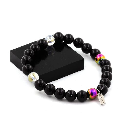 Bracelet Perles Agate Noire + Quartz Titane + Hématite Multicolore 8 Fabriqué En France.