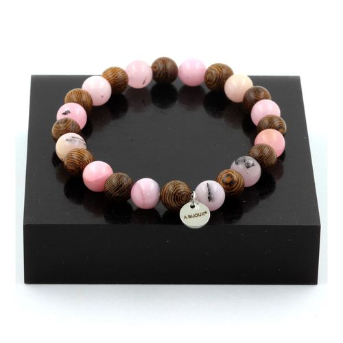 Bracelet Perles Bois + Opale Rose 8 Mm. Fabriqué En France.