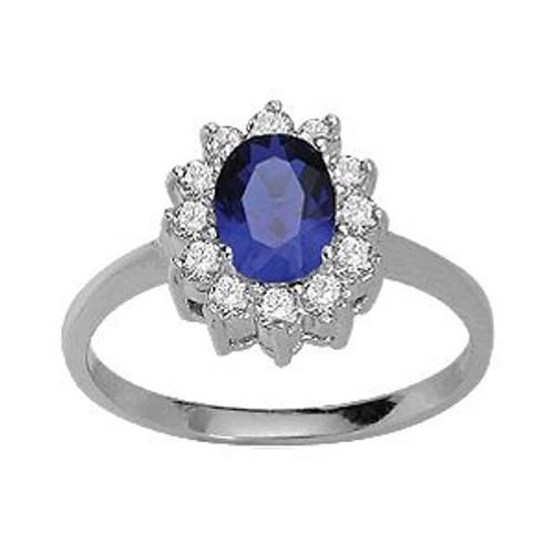 Bague Argent Rhodié Solitaire Bleu Foncé Couronné De Zirconias Blancs