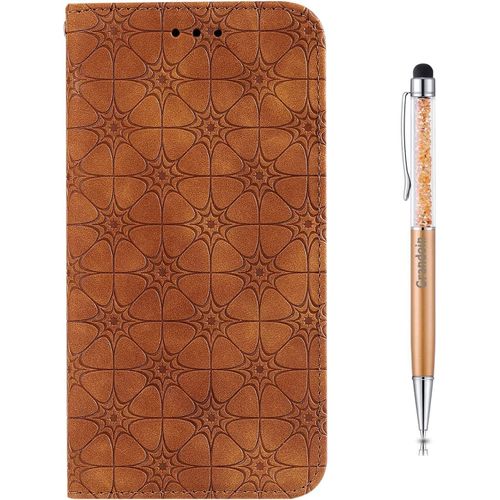 Coque Pour Xiaomi Redmi 8a, [Gaufrage De Licorne] Bookstyle Flip Cover De En Pu Cuir Tpu Souple Phone Case (Marron)
