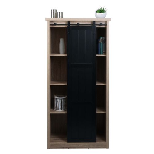 Armoire Hwc-K75, Commode Highboard, Porte Coulissante 8 Compartiments De Rangement, Aspect Bois Métal Industriel 163x76x38cm   Naturel