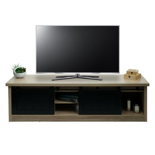 Meuble Tv Hwc-K75, Table De Télévision, Portes Coulissantes, Compartiments De Rangement, Aspect Bois Métal Industriel 43x150x40cm   Couleur Naturelle
