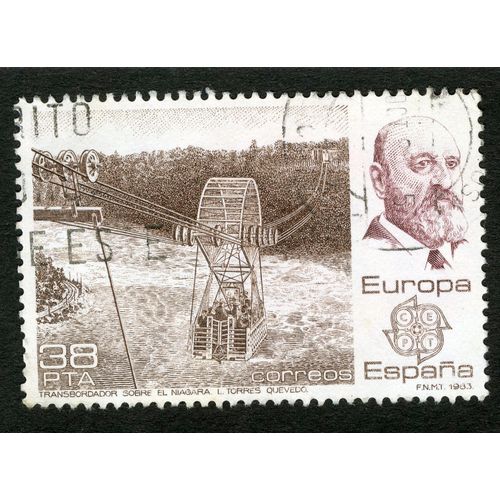 Timbre Oblitéré Espana, Europa, Transbordador Sobre El Niagara L. Torres Quevedo, 1983, 38 Pta
