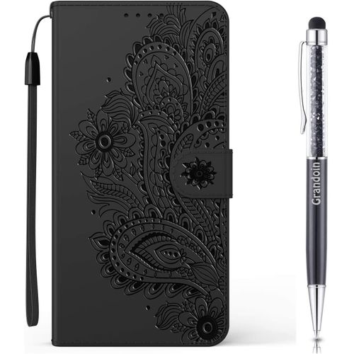 Coque Pour Xiaomi Redmi Note 9 Pro 5g / Mi 10t Lite 5g, [Gaufrage Paon] Bookstyle Flip Cover De En Pu Cuir Tpu Souple Phone Case (Noir)