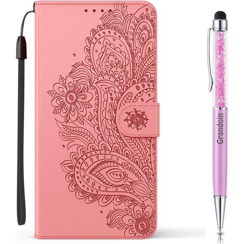Coque Pour Xiaomi Redmi Note 9 Pro 5g / Mi 10t Lite 5g, [Gaufrage Paon] Bookstyle Flip Cover De En Pu Cuir Tpu Souple Phone Case (Rose)