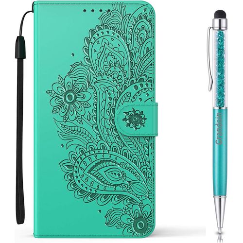 Coque Pour Xiaomi Redmi Note 9 Pro 5g / Mi 10t Lite 5g, [Gaufrage Paon] Bookstyle Flip Cover De En Pu Cuir Tpu Souple Phone Case (Vert)