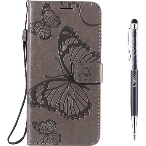 Coque Pour Iphone 12 Pro Max (6,7 Pouces), Papillon Gaufrage Pu Bookstyle Flip Tpu Souple Phone Case Fermeture (Grise)