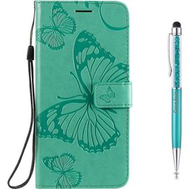 Coque Pour Oneplus Nord, Papillon Gaufrage Pu Premium Bookstyle Flip Tpu Souple Phone Case Fermeture (Vert