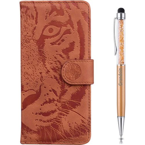 Coque Pour Galaxy A20 / A30, [Gaufrage De Tigre] Bookstyle Flip Cover De En Pu Cuir Tpu Souple Phone Case Pour Samsung Galaxy A20 / A30(Marron)