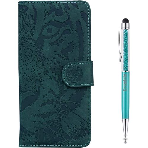 Coque Pour Galaxy S20, [Gaufrage De Tigre] Bookstyle Flip Cover De En Pu Cuir Tpu Souple Phone Case Pour Samsung Galaxy S20(Vert)