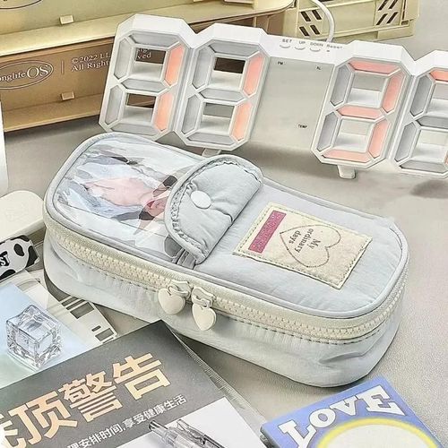Trousse À Crayons Simple Et Fraîche Japonaise Ins,Sac À Stylos De Grande Capacité Avec Poche Transparente En Forme De C?Ur Et Fermeture Éclair Pour Fille - Type Light Blue
