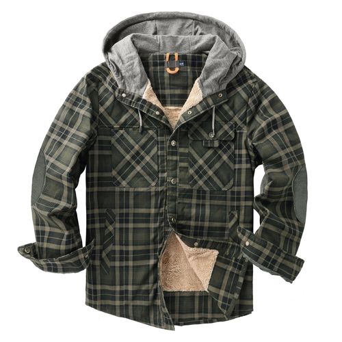 Hommes Manteau À Carreaux Chemise Plus Duvet Grande Taille Hiver Coupe - Vent Chaud Capuche Pur Coton Veste Vert L
