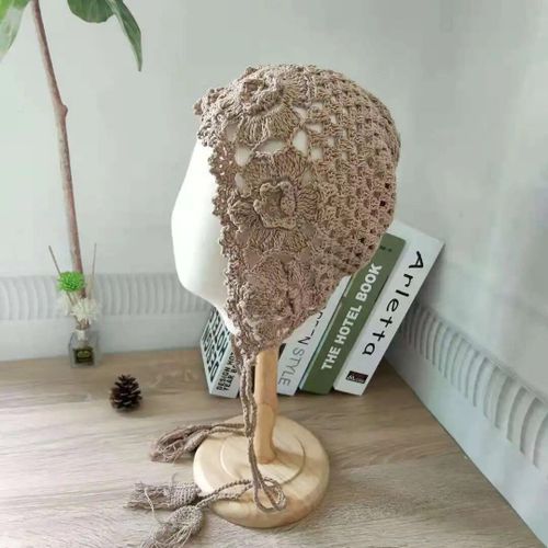 Chapeau Tricoté À La Main Pour Femme,Pur Coton,Laine,Crochet,Béret Creux,Automne,Hiver,Mode,Forêt,Extérieur,Fleur Pullove
