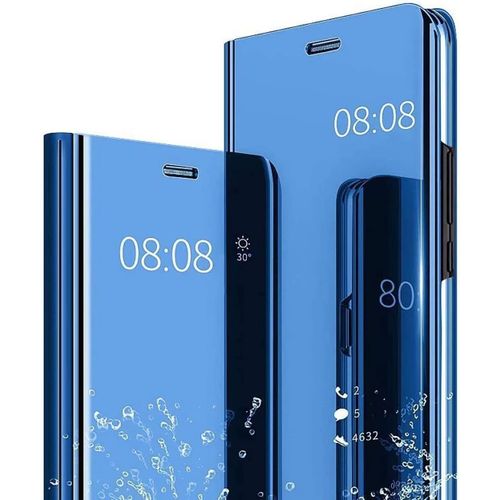 Coque Samsung Galaxy A41, Smart View Miroir Case Cuir Flip Anti-Empreintes Makeup Fonction Stand. Bleu