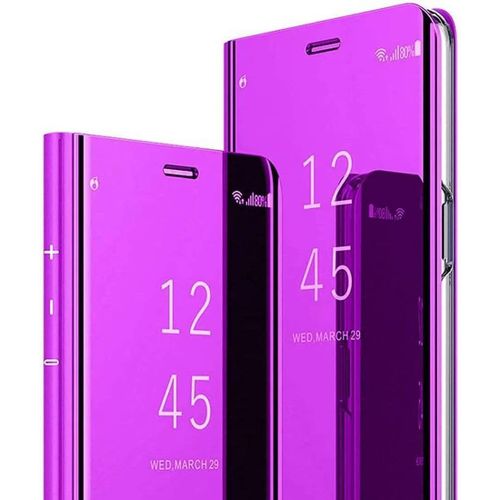 Coque Samsung Galaxy A41, Smart View Miroir Case Cuir Flip Anti-Empreintes Makeup Fonction Stand. Violet