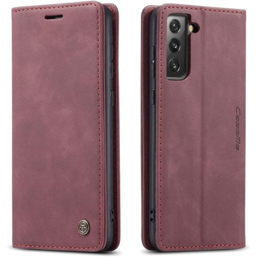 Coque Samsung Galaxy S21,Anti-Choc Premium Flip Case Etui,Vin Rouge