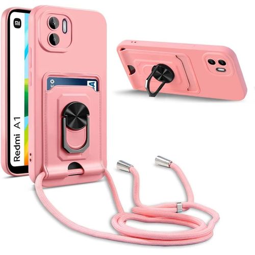 Coque Cordon De Collier Xiaomi Redmi A1, 360¡Ãanneau Support Fente Carte De La Case-Pink