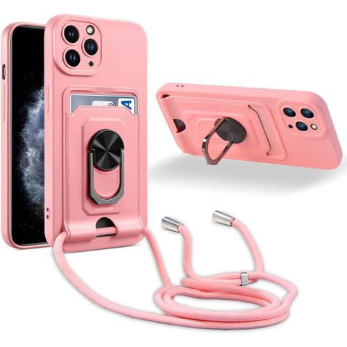 Coque Cordon De Collier Iphone 11 Pro Max, 360¡Ãanneau Support Fente Carte De La Case-Pink