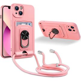 Coque Cordon De Collier Iphone 13 Mini, 360¡Ãanneau Support Fente Carte De La Case-Pink