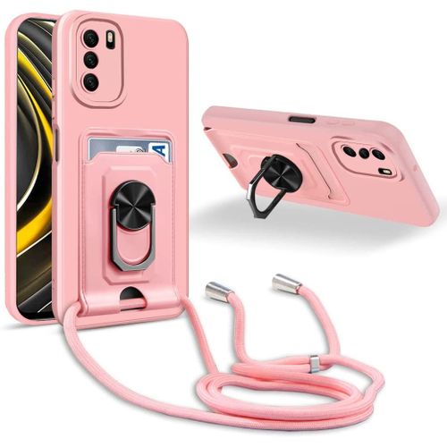 Coque Cordon De Collier Xiaomi Poco M3, 360¡Ãanneau Support Fente Carte De La Case-Pink