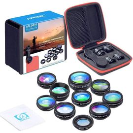 Kit d'objectifs 10 en 1 pour téléphone Objectif Grand Angle, Objectif Macro, Objectif fisheye, téléobjectif kaléidoscope 3/6 CPL/Flow/Star/Radial Filtre à Clipser pour iPhone, Samsung