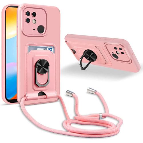 Coque Cordon De Collier Xiaomi Redmi 10c, 360¡Ãanneau Support Fente Carte De La Case-Pink