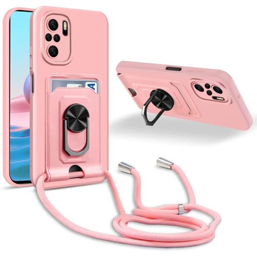 Coque Cordon De Collier Xiaomi Redmi Note 10/Note 10s, 360¡Ãanneau Support Fente Carte De La Case-Pink