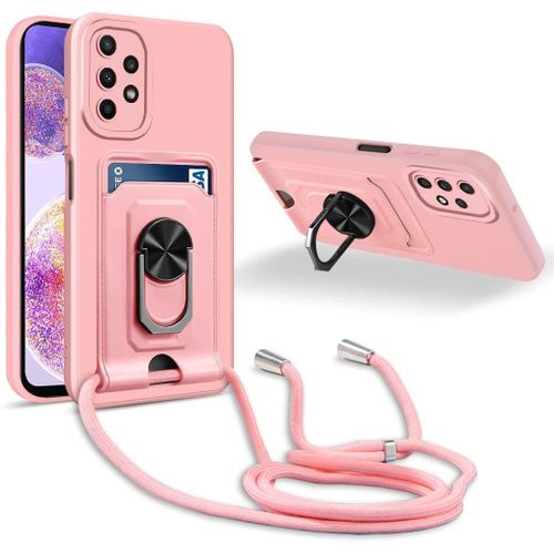 Coque Cordon De Collier Samsung Galaxy A23 5g, 360¡Ãanneau Support Fente Carte De La Case-Pink