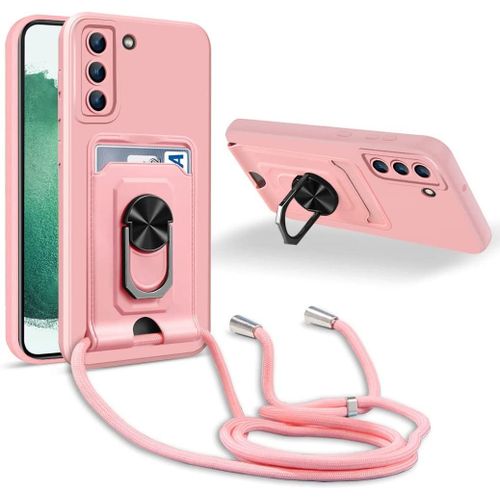 Coque Cordon De Collier Samsung Galaxy S22 Plus, 360¡Ãanneau Support Fente Carte De La Case-Pink