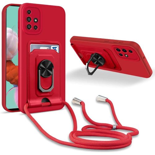 Coque Cordon De Collier Samsung Galaxy A51 4g, 360¡Ãanneau Support Fente Carte De La Case-Rouge