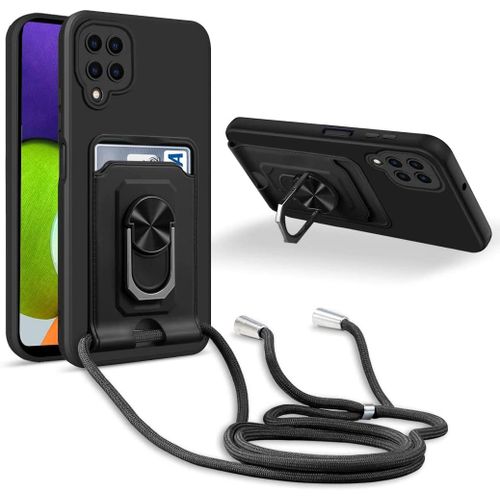 Coque Cordon De Collier Samsung Galaxy A22 4g / M22, 360¡Ãanneau Support Fente Carte De La Case-Noir