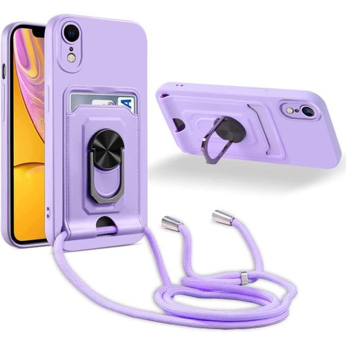 Coque Cordon De Collier Iphone Xr, 360¡Ãanneau Support Fente Carte De La Case-Pourpre