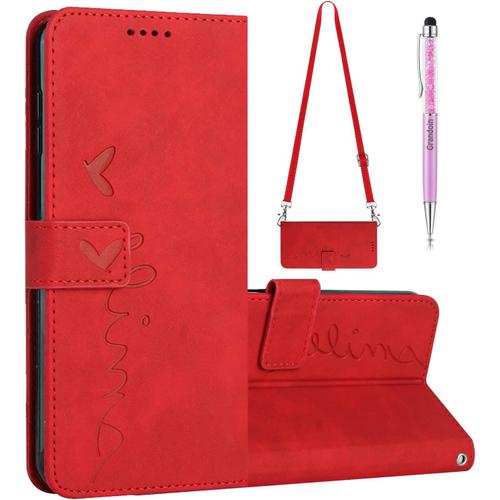 Coque Pour Samsung Galaxy A50/A30s/A50s Avec Cordon Coque Samsung A50/A30s/A50s Avec Lanière Etui Protection Housse En Cuir Pu Magnétique Pochette Flip Case Samsung A50/A30s/A50s Rouge