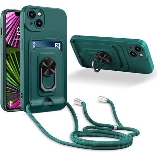 Coque Cordon De Collier Iphone 14 Plus, 360¡Ãanneau Support Fente Carte De La Case-Vert