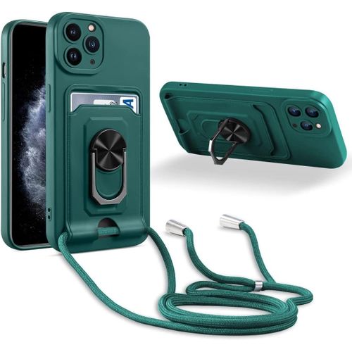 Coque Cordon De Collier Iphone 11 Pro Max, 360¡Ãanneau Support Fente Carte De La Case-Vert