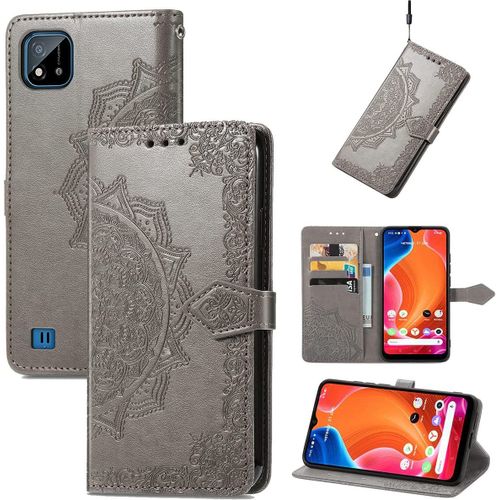 Pour Coque Realme C11 2021, Premium Pu Motif En Relief, Gris