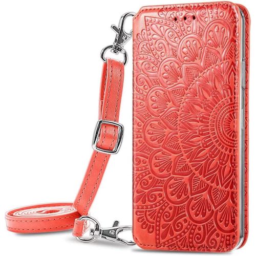 Pour Coque Realme C21y/Realme C25y, Premium Pu + Tpu Motif En Relief, [Detachable Lanyard], Rouge