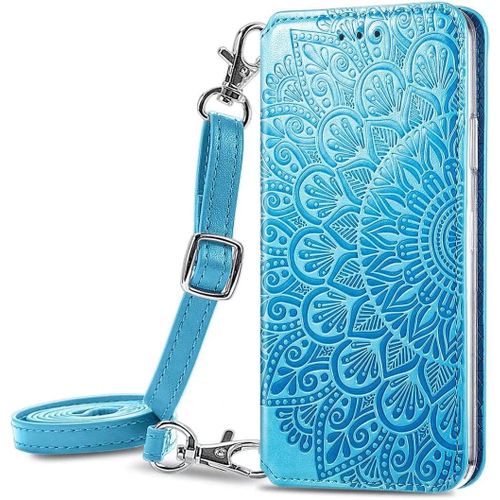 Pour Coque Realme C21y/Realme C25y, Premium Pu + Tpu Motif En Relief, [Detachable Lanyard], Bleu