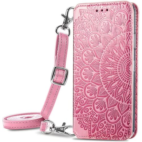 Pour Coque Realme C21y/Realme C25y, Premium Pu + Tpu Motif En Relief, [Detachable Lanyard], Rose