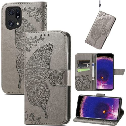 Pour Coque Oppo Find X5 Pro, Premium Pu Motif En Relief, Gris