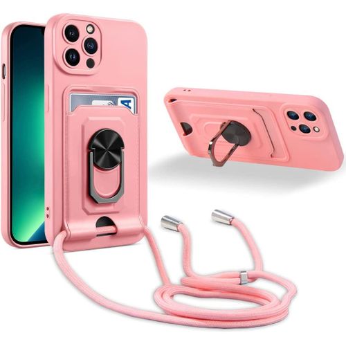 Coque Cordon De Collier Iphone 13 Pro, 360¡Ãanneau Support Fente Carte De La Case-Pink