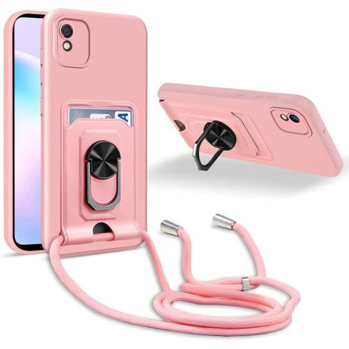 Coque Cordon De Collier Xiaomi Redmi 9a/Redmi 9at/Redmi 9i, 360¡Ãanneau Support Fente Carte De La Case-Pink