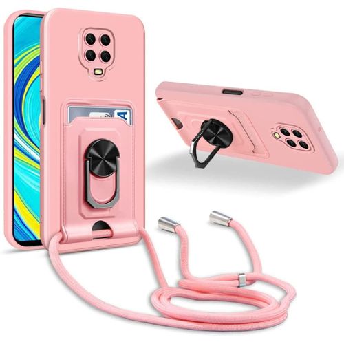 Coque Cordon De Collier Xiaomi Redmi Note 9s/Note 9 Pro/9 Pro Max, 360¡Ãanneau Support Fente Carte De La Case-Pink