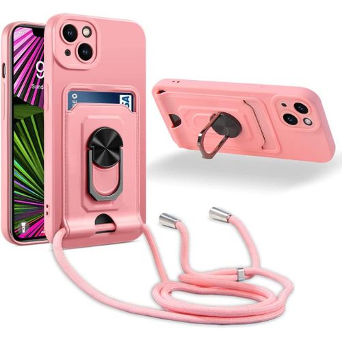 Coque Cordon De Collier Iphone 14 Plus, 360¡Ãanneau Support Fente Carte De La Case-Pink
