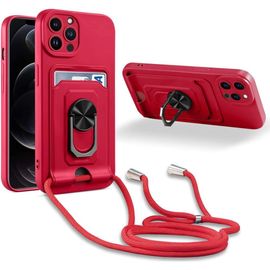 Coque Cordon De Collier Iphone 12 Pro Max, 360¡Ãanneau Support Fente Carte De La Case-Rouge