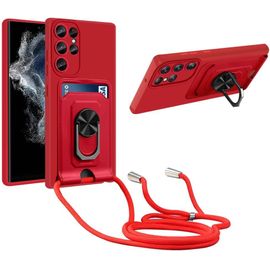 Coque Cordon De Collier Samsung Galaxy S23 Ultra, 360¡Ãanneau Support Fente Carte De La Case-Rouge
