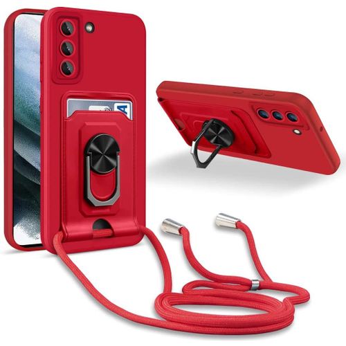 Coque Cordon De Collier Samsung Galaxy S21, 360¡Ãanneau Support Fente Carte De La Case-Rouge