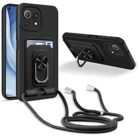 Coque Cordon De Collier Xiaomi Mi 11 Lite 4g/11 Lite 5g/11 Lite 5g Ne, 360¡Ãanneau Support Fente Carte De La Case-Noir
