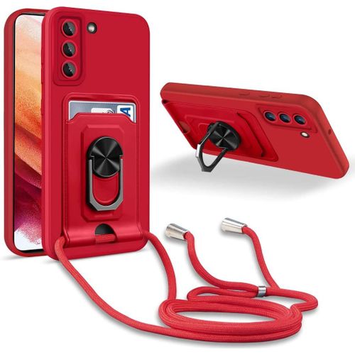 Coque Cordon De Collier Samsung Galaxy S21 Plus, 360¡Ãanneau Support Fente Carte De La Case-Rouge