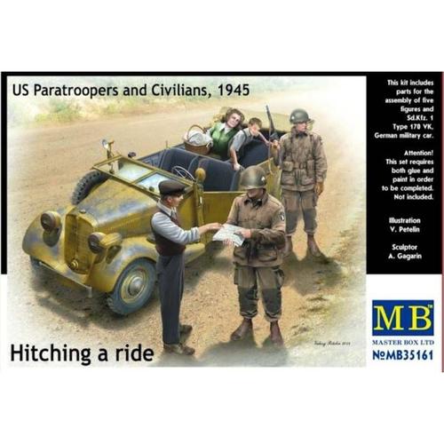 Master Box Ltd - Hitching A Ride, Us Paratroopers And Civilians 1945maquette Hitching A Ride, Us Paratroopers And Civilians 1945 Master Box 35161 1/35ème Maquette Char Promo Figurine Miniature